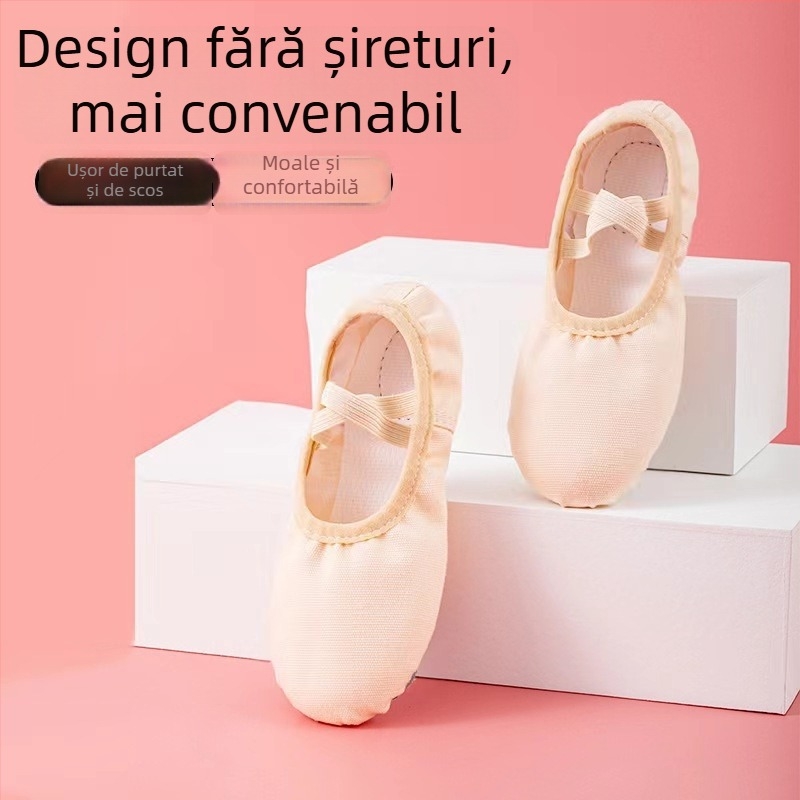 Pantofi de dans pentru copii, balet, cu partea superioară din pânză și talpă din piele de vacă, pentru balet și dans modern