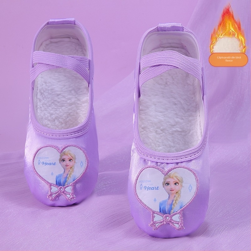 Pantofi de balet pentru copii, din satin, cu căptușeală fleece, iarnă, talpă groasă, stil labuță de pisică