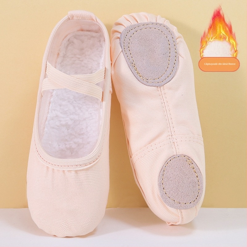 Pantofi de balet pentru copii, din satin, cu căptușeală fleece, iarnă, talpă groasă, stil labuță de pisică