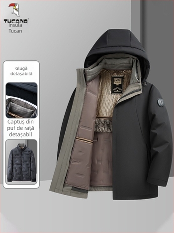 Woodpecker jachetă de iarnă pentru bărbați, cu căptușe detașabilă – groasă, rezistentă la vânt, puf de gâscă alb 86-90%, material exterior poliester