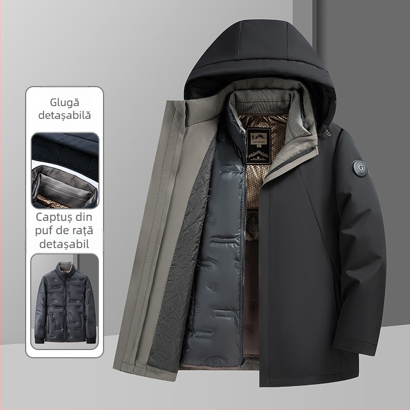 Woodpecker jachetă de iarnă pentru bărbați, cu căptușe detașabilă – groasă, rezistentă la vânt, puf de gâscă alb 86-90%, material exterior poliester