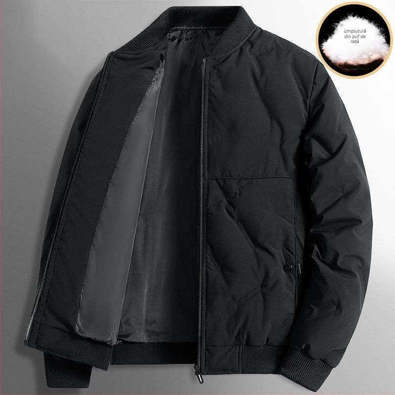 Geacă de puf pentru bărbați, umplutură din puf de rață, guler înalt, fermoar, lungime scurtă, potrivită pentru -20°C până la -5°C.