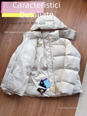 Jachetă de puf cu cinci panouri pentru femei, croială lejeră, izolație groasă, 86–90% puf de rață, umplutură 201–300 g, material exterior poliester