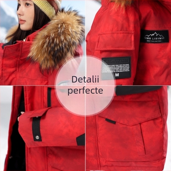 Geacă de iarnă din puf de gâscă alb, 86–90% conținut, glugă și guler înalt, model camuflaj, lungime medie, croială groasă pentru frig extrem (-30°C până la -15°C)