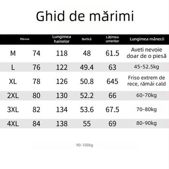Geacă de iarnă din puf de gâscă alb, 86–90% conținut, glugă și guler înalt, model camuflaj, lungime medie, croială groasă pentru frig extrem (-30°C până la -15°C)