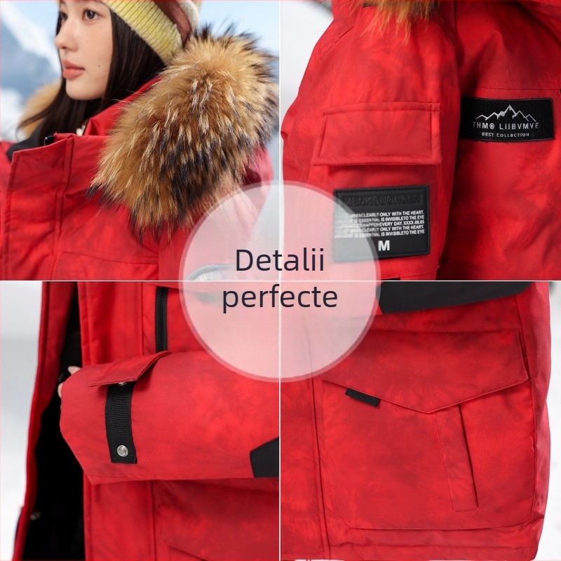 Geacă de iarnă din puf de gâscă alb, 86–90% conținut, glugă și guler înalt, model camuflaj, lungime medie, croială groasă pentru frig extrem (-30°C până la -15°C)