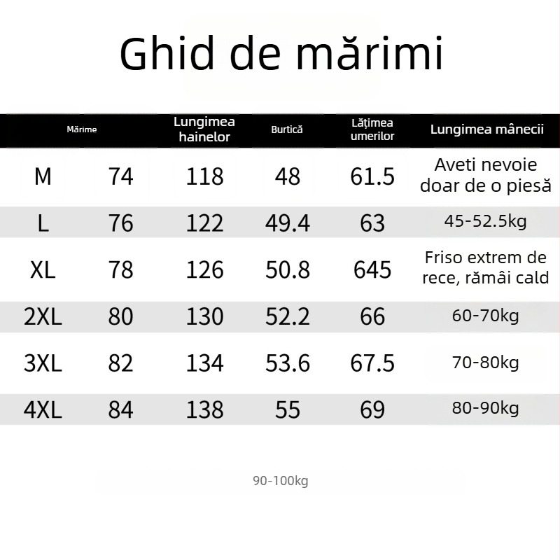 Geacă de iarnă din puf de gâscă alb, 86–90% conținut, glugă și guler înalt, model camuflaj, lungime medie, croială groasă pentru frig extrem (-30°C până la -15°C)