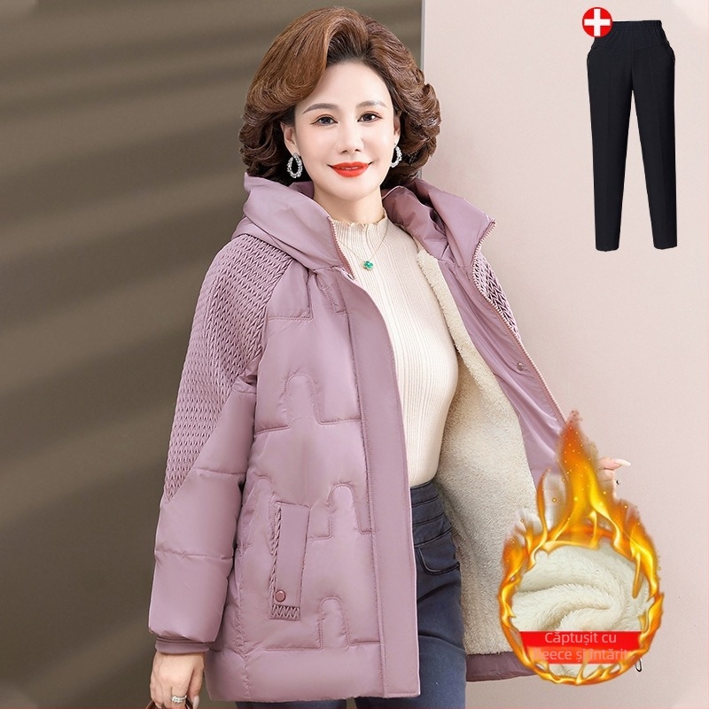 Palton de iarnă cu umplutură de bumbac, căptușit cu fleece, glugă, fermoar, lungime medie (50–65 cm), țesătură din poliester (>95%)