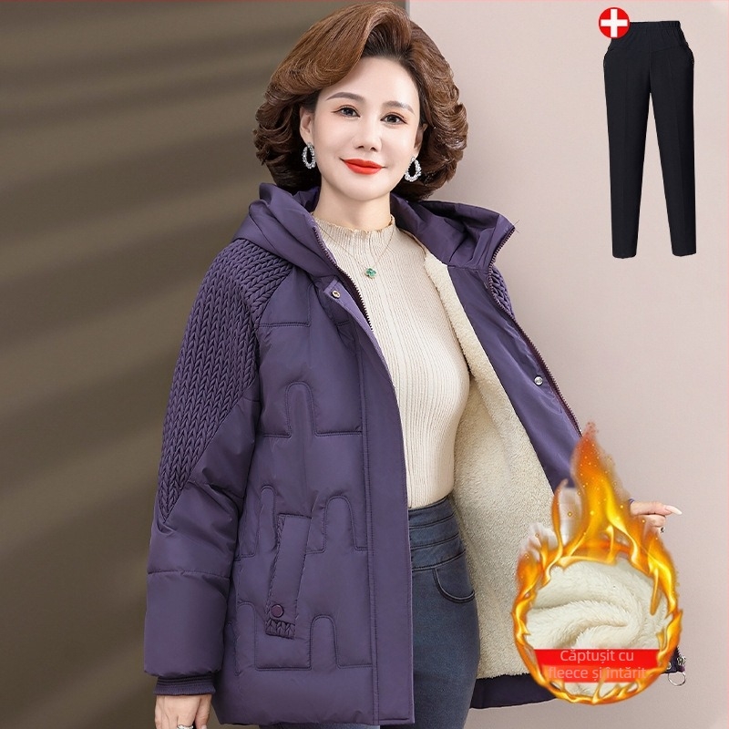 Palton de iarnă cu umplutură de bumbac, căptușit cu fleece, glugă, fermoar, lungime medie (50–65 cm), țesătură din poliester (>95%)