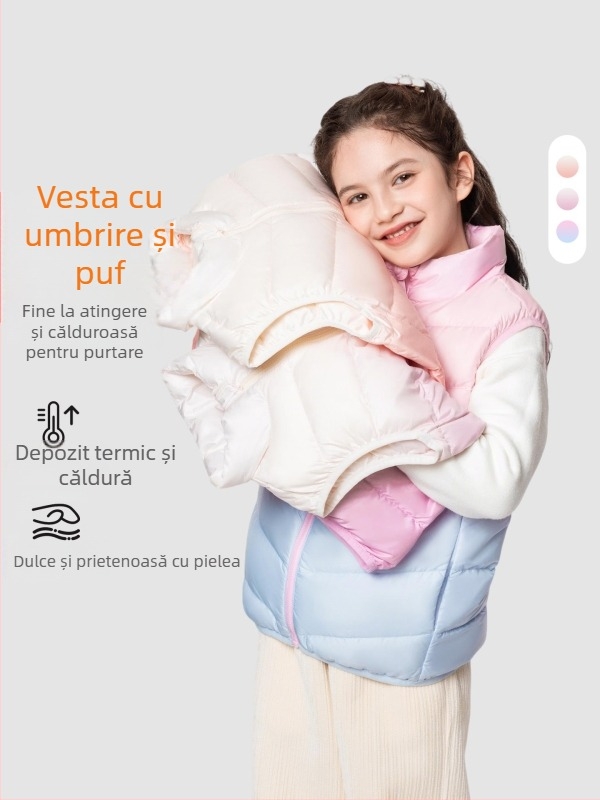 Vesta pentru fete din puf, fără mâneci, toamnă-iarnă, 81–85% puf de rață alb, exterior poliester 100%, căptușeală poliester 100%, lungime medie, fermoar