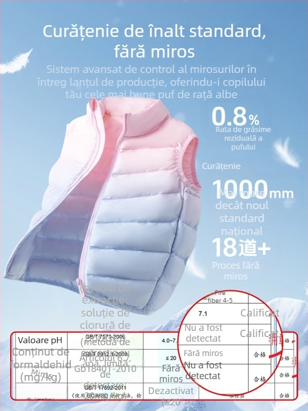 Vesta pentru fete din puf, fără mâneci, toamnă-iarnă, 81–85% puf de rață alb, exterior poliester 100%, căptușeală poliester 100%, lungime medie, fermoar