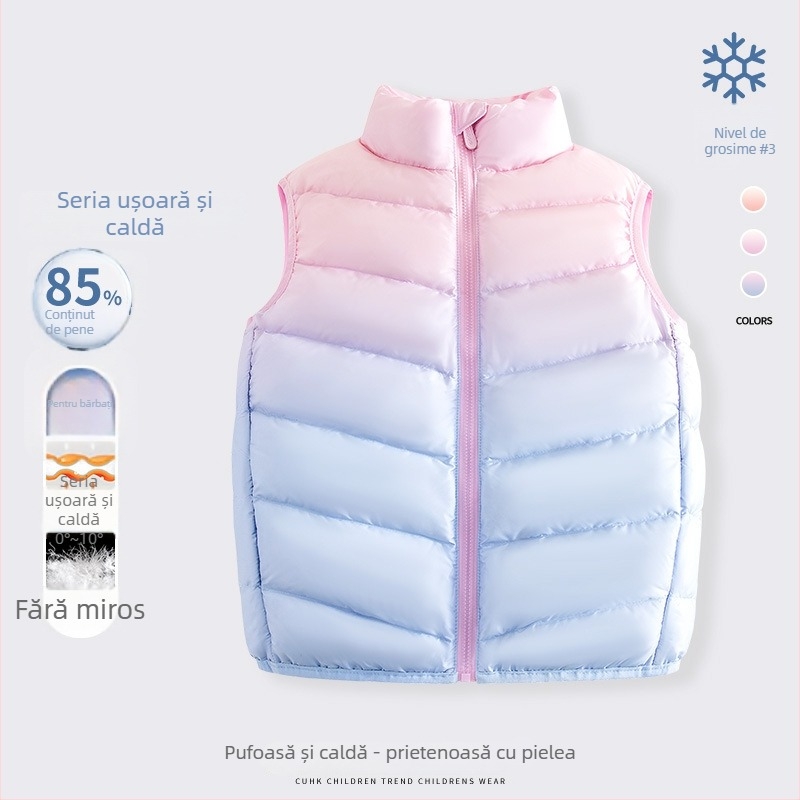 Vesta pentru fete din puf, fără mâneci, toamnă-iarnă, 81–85% puf de rață alb, exterior poliester 100%, căptușeală poliester 100%, lungime medie, fermoar