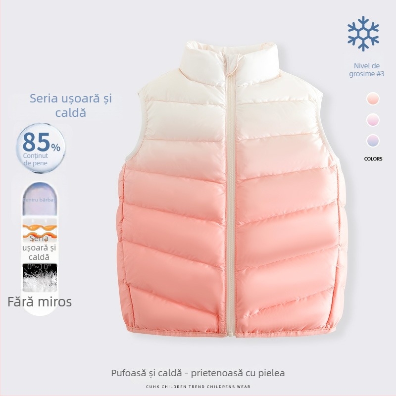 Vesta pentru fete din puf, fără mâneci, toamnă-iarnă, 81–85% puf de rață alb, exterior poliester 100%, căptușeală poliester 100%, lungime medie, fermoar