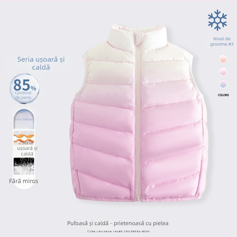 Vesta pentru fete din puf, fără mâneci, toamnă-iarnă, 81–85% puf de rață alb, exterior poliester 100%, căptușeală poliester 100%, lungime medie, fermoar