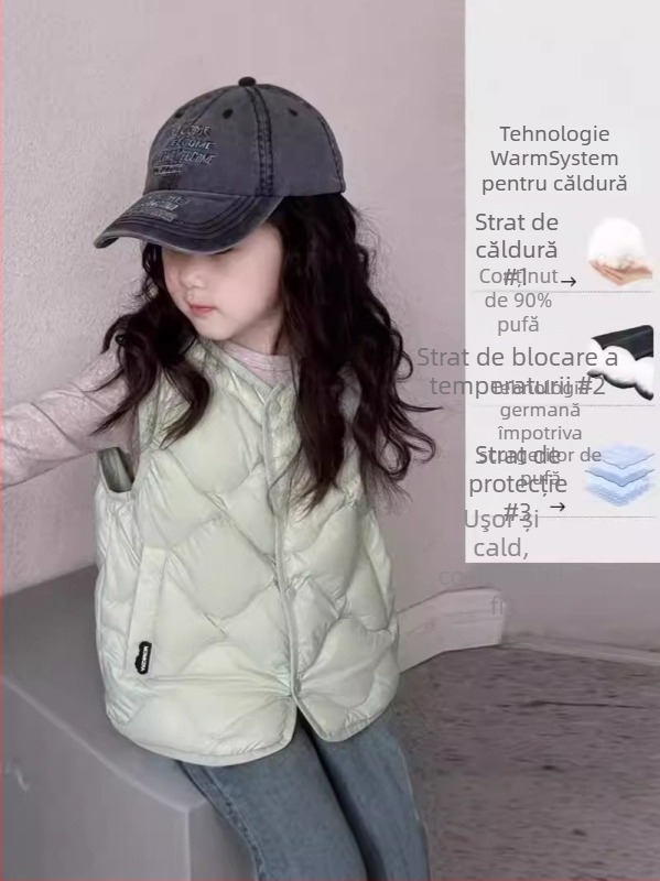 Vesta pentru copii cu puf de rață, fără mâneci, lungime scurtă, croială mulată; umplutură: puf alb de rață 41 g; exterior și căptușeală din poliester; protecție UV; potrivit pentru iarnă, primăvară și toamnă