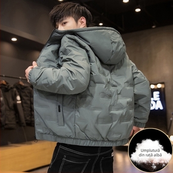 Geacă de iarnă cu glugă, ușoară și caldă, umplutură: puf de rață, fluffiness 550, capacitate de umplere 100–150 g, căptușeală 100% poliester, interval termic -5℃ până la 0℃