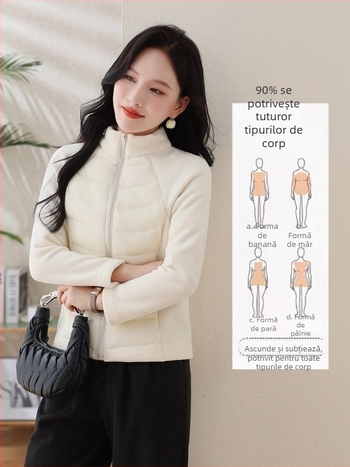 Geacă de iarnă din puf, croială slim, lungime ultra scurtă, închidere cu fermoar, material chenille cu elastan