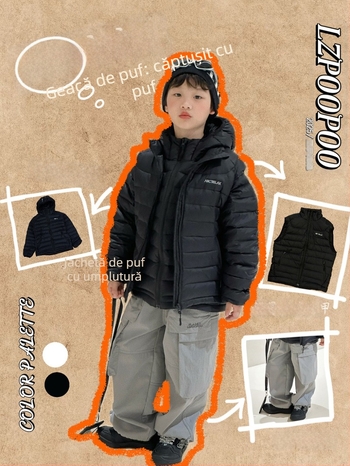Vesta pentru copii cu puf, fără mâneci, lungime scurtă, croială lejeră; umplutură: puf; conținut puf: 86–90%; material exterior și căptușeală: nylon; fermoar; pentru copii peste 8 ani (peste 140 cm); iarnă 2025