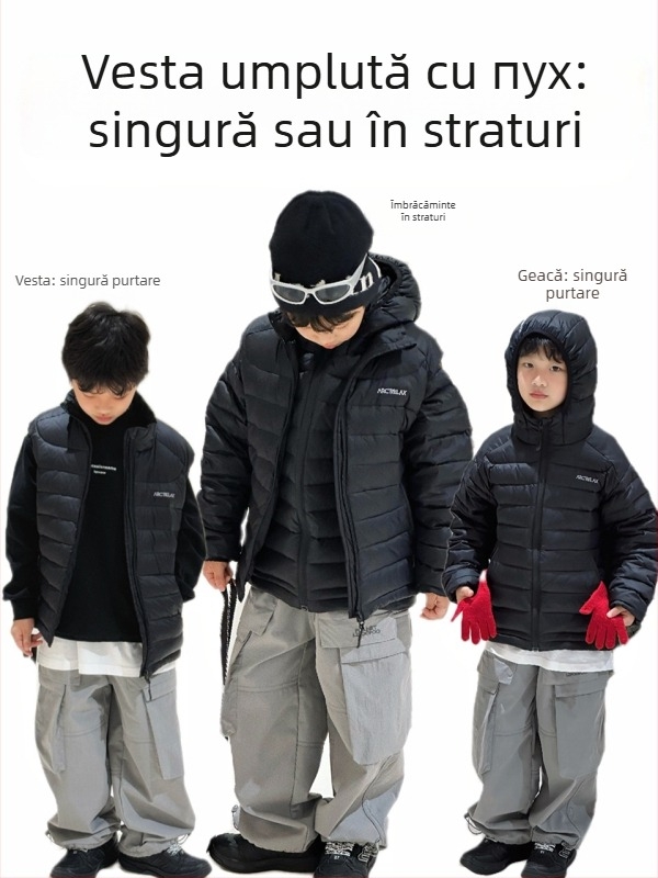 Vesta pentru copii cu puf, fără mâneci, lungime scurtă, croială lejeră; umplutură: puf; conținut puf: 86–90%; material exterior și căptușeală: nylon; fermoar; pentru copii peste 8 ani (peste 140 cm); iarnă 2025