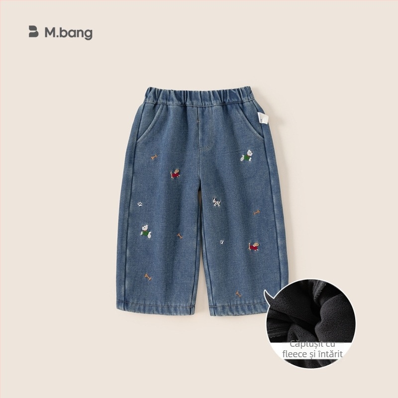 Pantaloni din denim cu căptușeală de fleece pentru fete; imprimeu desen animat; talie medie cu elastic; potriviți pentru primăvară și toamnă; pentru copii 3–8 ani