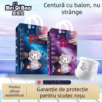 Meiqibao Ultra-subțiri Pantaloni de tip pull-up pentru bebeluși, respirabili, moi ca bumbacul, uscați, super-absorbanti; greutate 8-70 g; vârste 0-6 luni până la 6+ ani; 6 cutii
