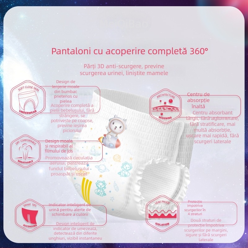 Meiqibao Ultra-subțiri Pantaloni de tip pull-up pentru bebeluși, respirabili, moi ca bumbacul, uscați, super-absorbanti; greutate 8-70 g; vârste 0-6 luni până la 6+ ani; 6 cutii