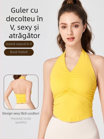 Top de yoga pentru femei, halter cu spate decupat, cu cupe integrate, lungime talie, material Nuls Naked Feeling, 80% nylon, 20% spandex