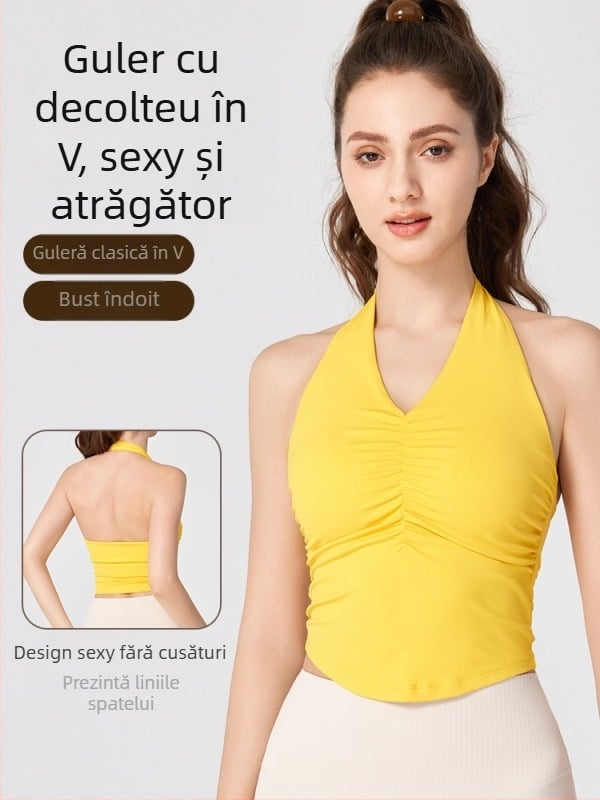 Top de yoga pentru femei, halter cu spate decupat, cu cupe integrate, lungime talie, material Nuls Naked Feeling, 80% nylon, 20% spandex