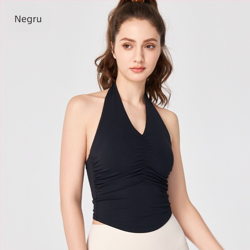 Top de yoga pentru femei, halter cu spate decupat, cu cupe integrate, lungime talie, material Nuls Naked Feeling, 80% nylon, 20% spandex
