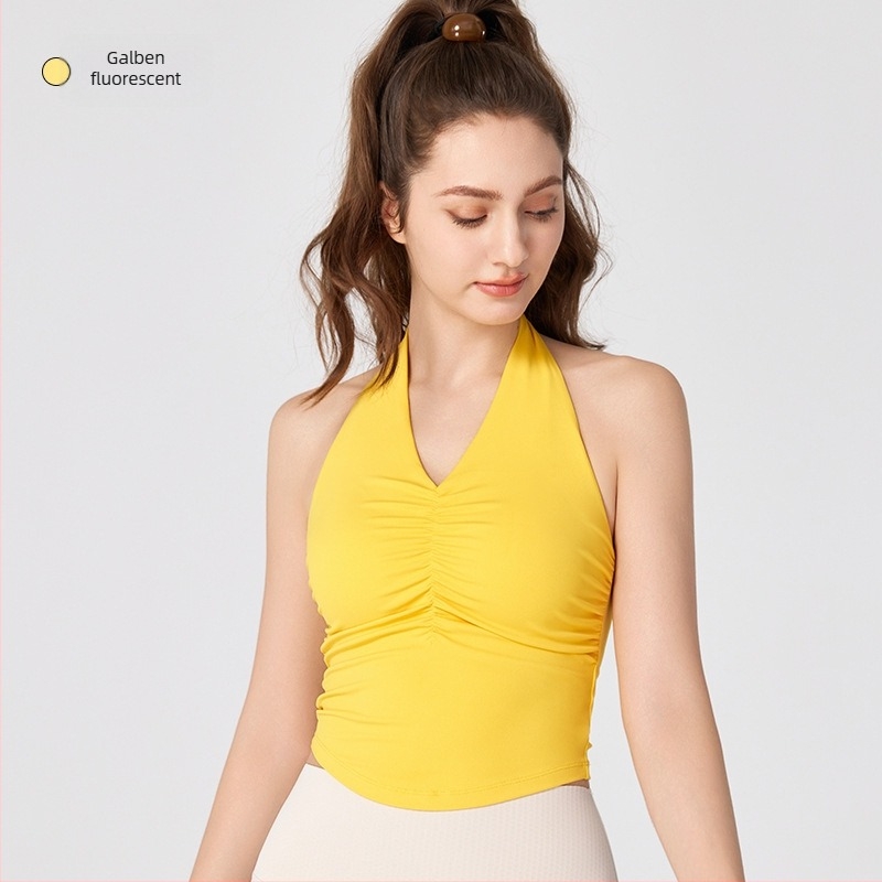 Top de yoga pentru femei, halter cu spate decupat, cu cupe integrate, lungime talie, material Nuls Naked Feeling, 80% nylon, 20% spandex