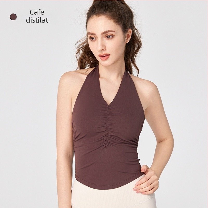 Top de yoga pentru femei, halter cu spate decupat, cu cupe integrate, lungime talie, material Nuls Naked Feeling, 80% nylon, 20% spandex