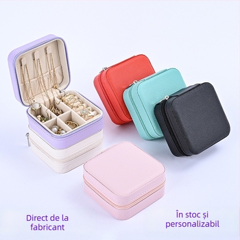 Cutie de bijuterii cu oglindă și fermoar - material Cortex, stil casual, construcție rigidă