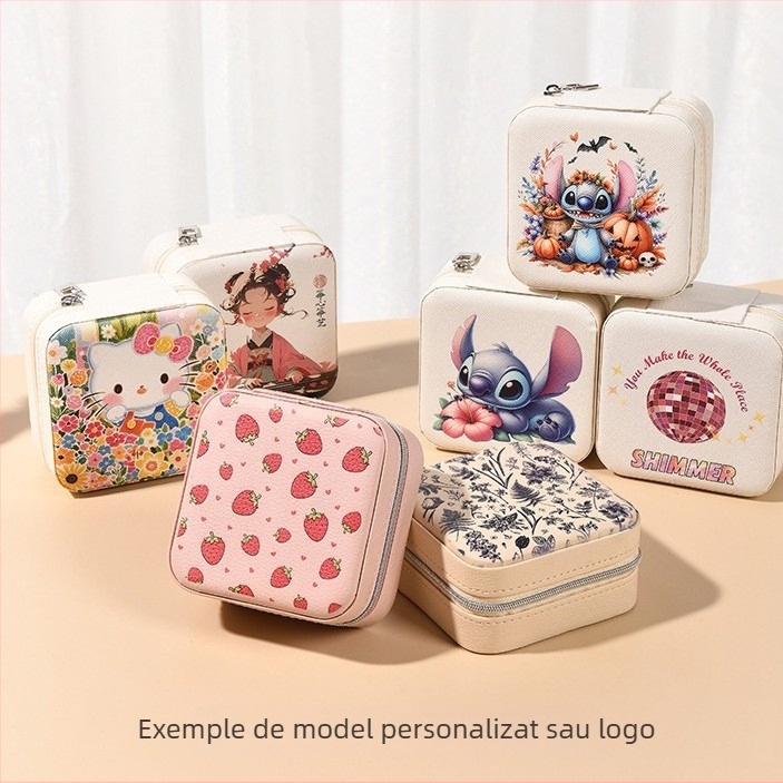 Cutie de bijuterii cu oglindă și fermoar - material Cortex, stil casual, construcție rigidă