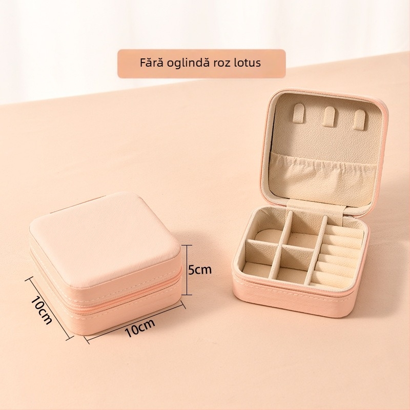 Cutie de bijuterii cu oglindă și fermoar - material Cortex, stil casual, construcție rigidă