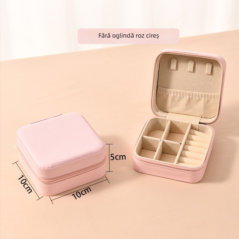 Cutie de bijuterii cu oglindă și fermoar - material Cortex, stil casual, construcție rigidă