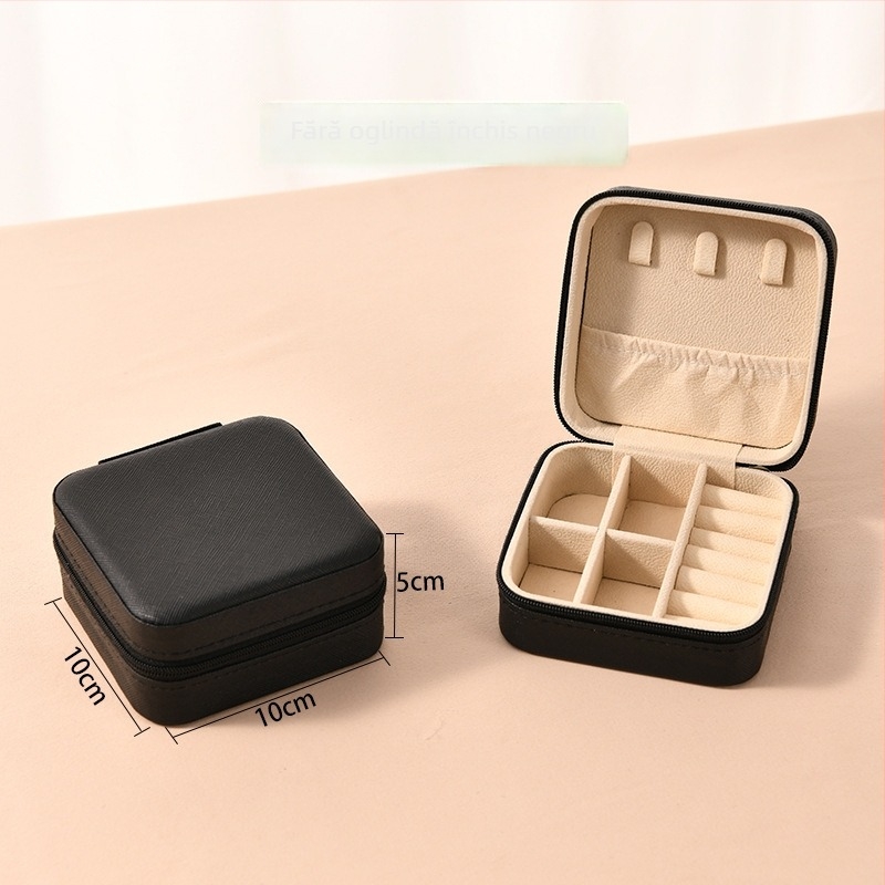 Cutie de bijuterii cu oglindă și fermoar - material Cortex, stil casual, construcție rigidă