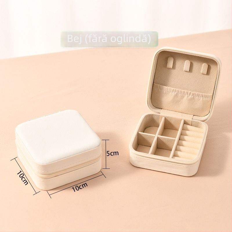 Cutie de bijuterii cu oglindă și fermoar - material Cortex, stil casual, construcție rigidă