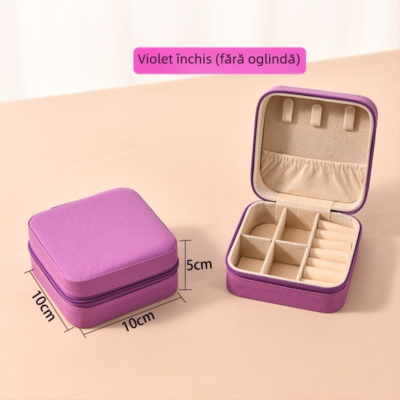 Cutie de bijuterii cu oglindă și fermoar - material Cortex, stil casual, construcție rigidă