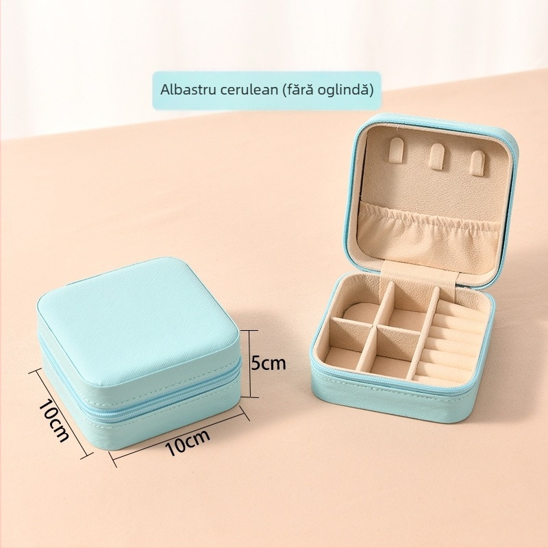Cutie de bijuterii cu oglindă și fermoar - material Cortex, stil casual, construcție rigidă