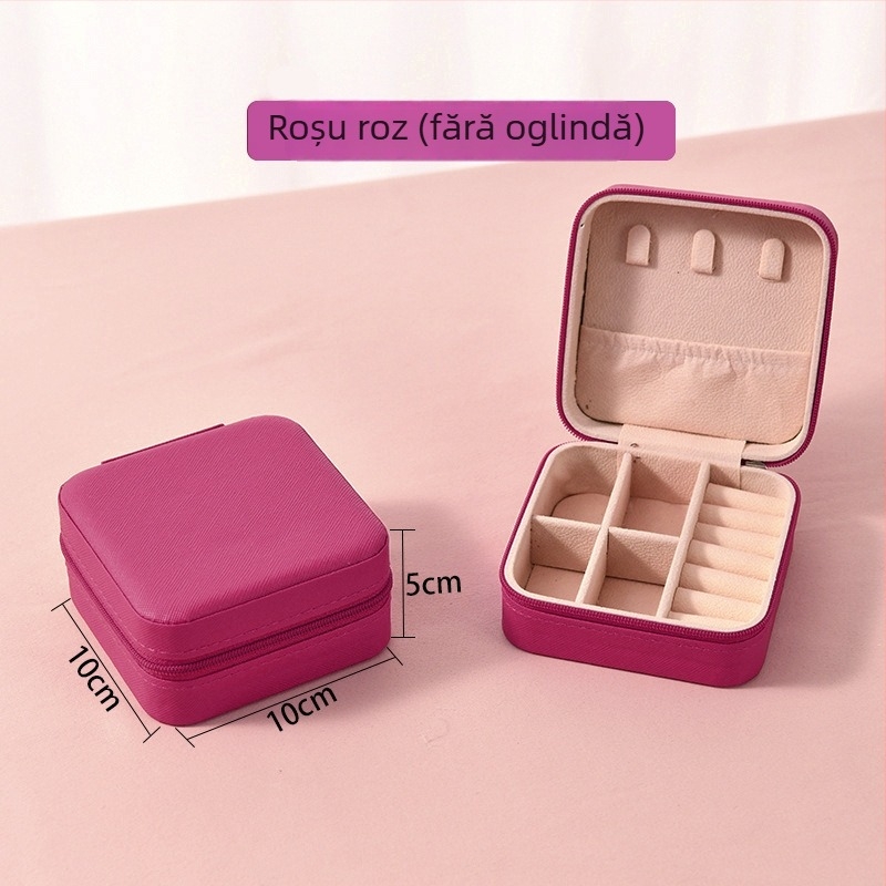 Cutie de bijuterii cu oglindă și fermoar - material Cortex, stil casual, construcție rigidă