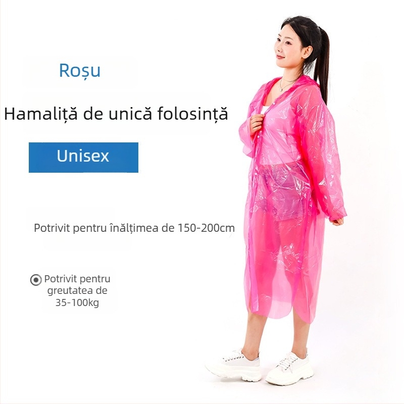 Poncho de unică folosință pentru drumeții, cu țesătură PE, grosime standard, 60–100 g, pentru o persoană.