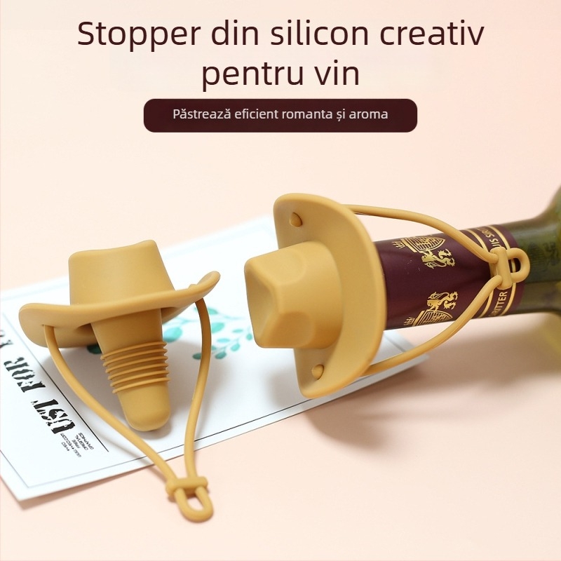 Dop pentru sticla de vin din silicon, în formă de pălărie de cowboy, de calitate alimentară, etanșare anti-scurgere, imprimare logo disponibilă