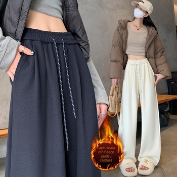 Pantaloni dama cu fleece, largi, talie înaltă, amestec viscoză-poliester, microelasticitate, iarnă 2025