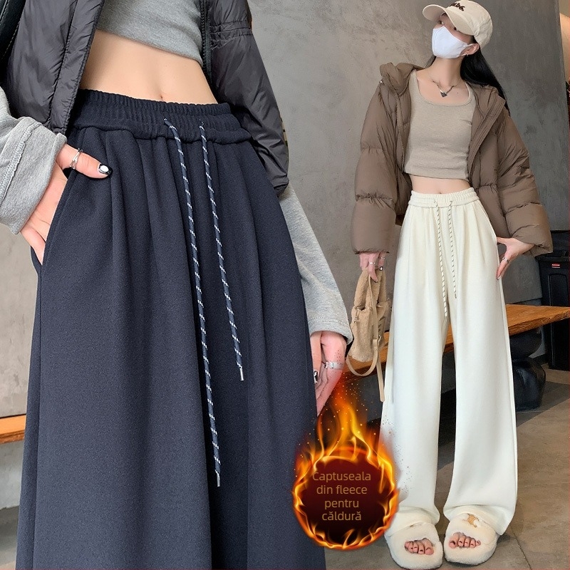 Pantaloni dama cu fleece, largi, talie înaltă, amestec viscoză-poliester, microelasticitate, iarnă 2025