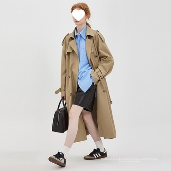 Palton trench pentru femei, cu guler polo, nasturi dublu-rând, curea de talie cu șnur, amestec din bumbac-chenille, lungime medie, toamnă 2025