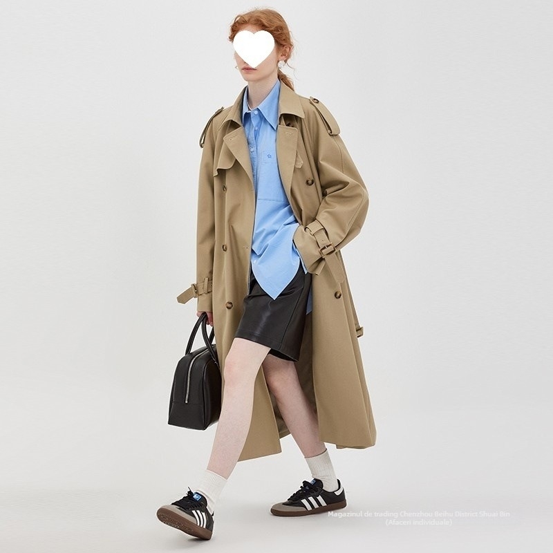 Palton trench pentru femei, cu guler polo, nasturi dublu-rând, curea de talie cu șnur, amestec din bumbac-chenille, lungime medie, toamnă 2025