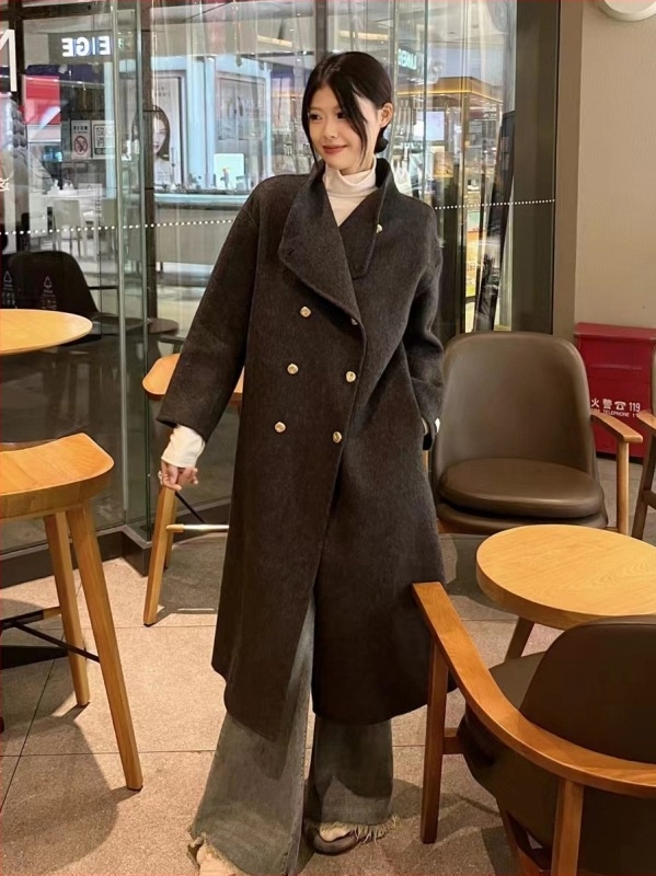 Palton de lână reversibil pentru femei, lungime medie, cu nasturi dubli, guler rever, mâneci lungi