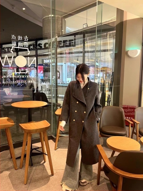 Palton de lână reversibil pentru femei, lungime medie, cu nasturi dubli, guler rever, mâneci lungi