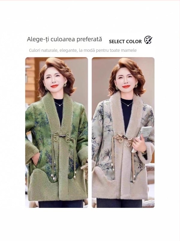Palton din blană artificială pentru femei, lungime medie, cald și gros, model floral, fără guler