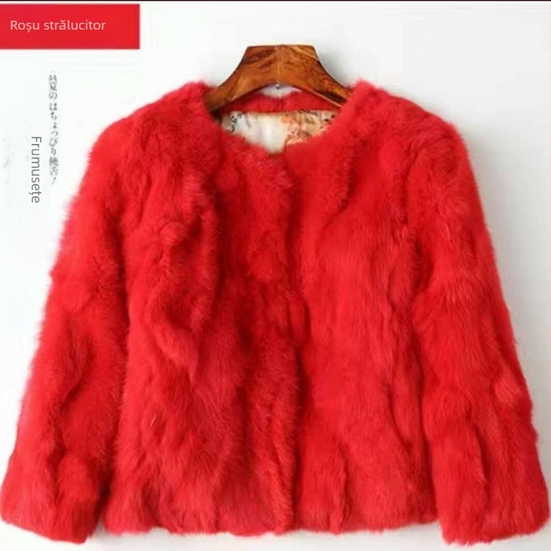 Top din blană de iepure pentru femei, scurt, fără mâneci, guler rotund, primăvara 2025